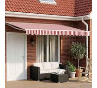 Runheo Auvent électrique extensible rouge blanc 5 x 3 m avec cadre en aluminium, tissu polyester résistant aux UV, résistant aux intempéries, télécommande, bras articulé, protection solaire pour