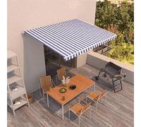 Runheo Auvent manuel - 450 x 350 cm - Bleu et blanc - Extensible avec manivelle - Résistant aux UV et aux intempéries - Bras articulé - Protection solaire pour jardin, balcon - Protection contre le