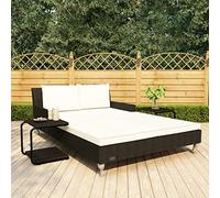 Runheo Bain de soleil pour 2 personnes en polyrotin noir avec coussins et coussins, lit de jardin résistant aux intempéries avec 2 tables d'appoint, réglable, imperméable, idéal pour terrasse, balcon