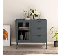 Runheo Buffet Anthracite en Acier et Verre trempé 75x35x70 cm avec 3 tiroirs et étagère réglable Meuble de Rangement pour Salon Salle à Manger Cuisine Bureau