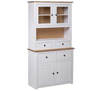 Runheo Buffet Haut Blanc en Bois de pin Massif 93x40,5x180 cm avec tiroirs Portes vitrées Compartiments rangements pour Salon Cuisine Bureau, Style Rustique Tendance