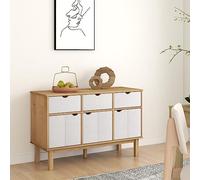 Runheo Buffet OTTA marron et blanc 114 x 43 x 73,5 cm, pin massif, design scandinave, avec 3 tiroirs et compartiments, pour salon et salle à manger