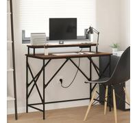 Runheo Bureau avec étagère marron aspect chêne 100 x 50 x 86,5 cm, cadre en acier stable, éclairage LED, station de charge pratique, idéal pour le bureau, le bureau à domicile et le bureau