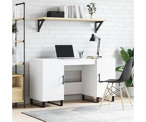 Runheo Bureau Blanc 140x50x75 cm en Bois d'ingénierie avec Rangement Compartiments Portes Pieds en Fer Design Industriel adapté pour Espace restreint Chambre étudiant Bureau à Domicile Bureau