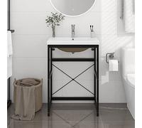 Runheo Cadre de lavabo Vasque encastrée Noir en Fer Enduit, Meuble Salle de Bain 59x38x83 cm avec Rangement Ouvert, Design Contemporain pour Salle d'eau, Support Stable Facile à Nettoyer