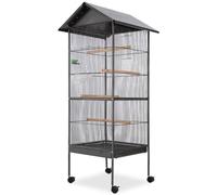 Runheo Cage à oiseaux avec toit, siège libre pour perroquet et perruche, métal noir avec grille, roulettes, tiroir, perchoir et gamelle pour salon, escalade et nettoyage