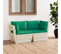 Runheo Canapé Palette 2 Places Jardin avec Coussins Verts, Bois d'Épicéa Imprégné, Meuble d'Extérieur Résistant pour Patio, Balcon, Salon, Détente Confortable