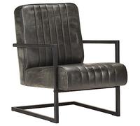 Runheo Chaise canapé Cantilever Cuir véritable Gris délavé Design rétro Confortable Robuste siège rembourré métal pour Salon Bureau Lecture intérieur 60x75x80 cm