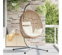 Runheo Chaise en rotin synthétique à suspendre - Crème claire - 104 x 100 x 191 cm - Avec coussin et support - Pour jardin, balcon, terrasse, salon - Pour se détendre et se balancer