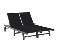Runheo Chaise Longue de Jardin 2 Places en Bois d'acacia Massif Gris avec Coussins Noirs, Dossier inclinable, roulettes pour terrasse, Balcon, Piscine, extérieur, détente et Confort