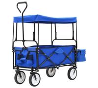 Runheo Chariot à main pliable avec toit bleu, cadre en acier robuste, capacité de 75 kg, roues pivotantes 360°, poignée rembourrée, pour le transport, le déménagement et la logistique