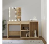 Runheo Coiffeuse LED avec armoire en chêne Sonoma, table cosmétique avec éclairage et espace de rangement, coiffeuse avec miroir et tiroir pour chambre à coucher, salle de bain