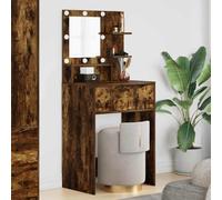 Runheo Coiffeuse pour chambre à coucher en bois de chêne fumé 80 x 39,6 x 135 cm avec éclairage LED, tiroirs, commode miroir, espace de rangement et tapis de chargement sans fil pour chambre à coucher