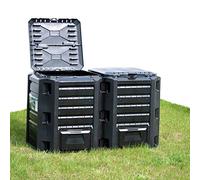Runheo Composteur de jardin noir 380 l en 100 % polypropylène avec couvercle et rabat, bac à compost résistant aux intempéries pour cuisine et jardin, silo thermique pour la fabrication d'humus et