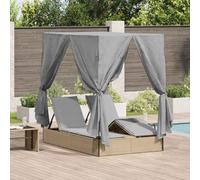 Runheo Double chaise longue en polyrotin, gris, 205 x 129 x 200 cm, avec toit et rideaux, réglable, résistant aux intempéries, pour jardin, terrasse, balcon, chaise longue relaxante avec coussin