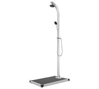 Runheo Douche de jardin avec plaque de fond grise en aluminium de 220 cm de haut résistante aux intempéries avec douchette et douche de tête pour piscine, jacuzzi, spa, extérieur