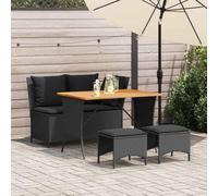 Runheo Ensemble à Manger de Jardin 4 pcs, résine tressée Noire, Table en Bois d'acacia, canapé et 2 poufs, Coussins déhoussables, pour Patio et extérieur