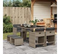 Runheo Ensemble à Manger de Jardin 9 pcs, Résine Tressée Grise, Table en Verre Trempé, Chaises et Tabourets Empilables, Coussins Denses, Mobilier Extérieur Résistant aux UV