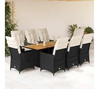 Runheo Ensemble à Manger de Jardin 9pcs avec Coussins Noirs, Résine Tressée, Dossiers Inclinables, Table en Bois d'Acacia, Mobilier d'Extérieur Résistant aux Intempéries
