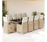 Runheo Ensemble bistro de jardin 11 pièces avec fauteuils réglables et coussins, beige en rotin synthétique, table de 240 x 90 x 75 cm, résistant aux UV et aux intempéries, pour terrasse, balcon