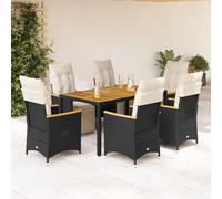 Runheo Ensemble bistro de jardin 7 pièces en polyrotin noir, fauteuils réglables, table en bois d'acacia, résistant aux UV, coussins blanc crème, pour terrasse et balcon
