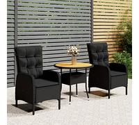 Runheo Ensemble Bistro Jardin 3 Pièces Noir, Résine Tressée, Acier Robuste, Table Ronde 80x75 cm, Chaises Inclinables Confortables, Coussins Amovibles, Mobilier Extérieur Balcon