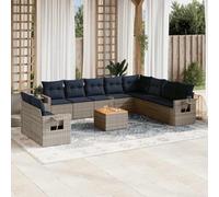 Runheo Ensemble canapé de Jardin modulable 11 pcs en résine tressée Gris avec Coussins Amovibles, Table d’appoint Bois Acacia, siège Angle, Fauteuil et Pouf pour terrasse extérieur détente