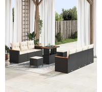 Runheo Ensemble canapé Jardin modulable 14 pcs, polyrotin Noir crème avec Coussins résistants, Cadre Acier, Surface Bois Acacia, idéal terrasse Balcon Piscine pour détente Confortable