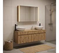 Runheo Ensemble d'armoire de Salle de Bain 4 pièces en Bois d'ingénierie Finition chêne Artisanal avec Lampes Miroir intégrées pour Rangement Moderne et Montage Mural adapté à la Cuisine et Salle