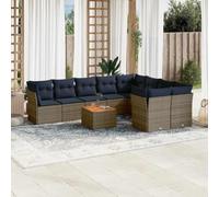 Runheo Ensemble de 10 canapés de jardin en polyrotin gris avec coussins, table de jardin en bois d'acacia, design modulaire pour terrasse, balcon, extérieur