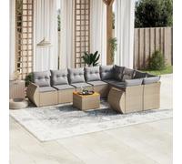 Runheo Ensemble de 10 meubles de jardin en polyrotin beige en bois d'acacia - Canapé d'angle, canapé central, table de jardin, de balcon, résistant aux UV et aux intempéries