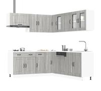 Runheo Ensemble de 11 armoires de cuisine Kalmar gris Sonoma en bois avec armoire suspendue et meuble inférieur, avec plan de travail, étagère, espace de rangement, tiroir, porte pour salle à manger