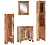 Runheo Ensemble de 4 meubles de salle de bain en bois massif recyclé teck recyclé bois de manguier pin avec miroir, meuble sous lavabo, armoires sur pied, pour salle de bain, design rustique