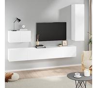 Runheo Ensemble de 4 meubles TV en bois blanc, moderne, montage mural, beaucoup d'espace de rangement pour le salon, rangement des médias, 100 x 30 x 30 cm, stable