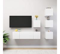 Runheo Ensemble de 6 meubles TV en bois blanc, design moderne, montage mural, espace de rangement pour salon, console TV durable, meuble Hi-Fi