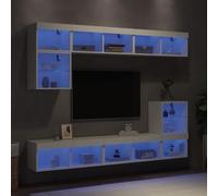 Runheo Ensemble de 8 pièces murales avec éclairage LED, bois blanc, 2 x 40 x 40 cm, 2 x 40 x 30 cm, 4 x 80 x 30 cm, centre de divertissement moderne pour le salon