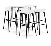 Runheo Ensemble de bar 5 pièces blanc avec plateau en MDF et cadre en métal, table de bar 120 x 60 x 105 cm, 4 tabourets de bar ergonomiques en polypropylène et métal, salon moderne pour jardin, bar