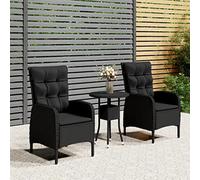 Runheo Ensemble de Bistro de Jardin 3 pcs, Résine Tressée Noire, Table Ronde 60x75 cm, Chaises Inclinables avec Coussins, Mobilier d'Extérieur pour Patio
