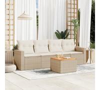 Runheo Ensemble de canapé de jardin 5 pièces - Beige - En polyrotin - Table en bois d'acacia - Résistant aux UV - Design modulaire - Pour terrasse et balcon - Avec coussin avec housse lavable