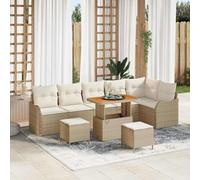 Runheo Ensemble de canapé de jardin 9 pièces avec coussins beige/crème en polyrotin et bois d'acacia avec espace de rangement pour terrasse et extérieur