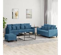 Runheo Ensemble de canapés 3 pièces en Velours Bleu avec 8 Grands Coussins et 10 Petits Coussins, Structure Robuste en contreplaqué et métal, Pouf Polyvalent pour Salon, séjour ou Bureau