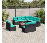 Runheo Ensemble de meubles de jardin 12 pièces en rotin synthétique noir modulaire avec coussins bleus, table pliante, plateau de table en bois d'acacia résistant aux UV pour terrasse, balcon