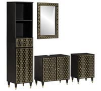 Runheo Ensemble de meubles de salle de bain en bois massif mangue, noir, sculpté à la main, espace de rangement spacieux, salle de bain, meuble sous lavabo, miroir, durable