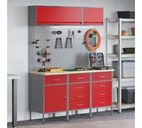 Runheo Ensemble de meubles de travail robustes avec 8 tiroirs rouges, armoire à outils, panneaux perforés et support mural pour atelier, garage, bricolage et rangement d'outils