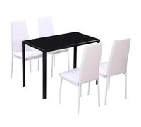 Runheo Ensemble de table 5 pièces en cuir synthétique noir et blanc avec table en verre trempé et 4 chaises rembourrées pour salle à manger, salon, cuisine moderne