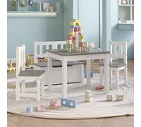 Runheo Ensemble de Table et chaises pour Enfants 4 pièces Blanc et Gris en MDF Robuste pour activités, Jeux et Repas à la Maison ou à l'école, avec Espace de Rangement intégré