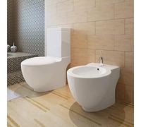 Runheo Ensemble de toilette et bidet sur pied blanc en céramique avec système de double chasse d'eau 3 ou 6 litres préassemblé avec mécanisme à fermeture douce pour salle de bain