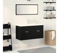 Runheo Ensemble Meuble Salle de Bain 3 pcs chêne Noir Bois d'ingénierie Mural Gain Place Moderne Design Complet avec Vasque Miroir Colonne Rangement Fonctionnel Compact