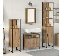 Runheo Ensemble mobilier Salle de Bain 4 pièces chêne Artisanal Bois d'ingénierie Acier avec Miroir Vasque Rangement tiroir Porte Simple et Double Design Moderne Compact