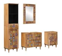 Runheo Ensemble mobilier Salle de Bain en Bois de manguier Massif Naturel avec Miroir 4 pièces tiroirs Portes pivotantes 90°, colonnes étagères suspendues Design Compact Mural